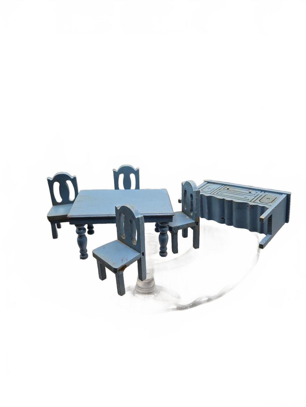 Strombecker dollhouse furniture, blue miniature dining room set, 1:1 scale
